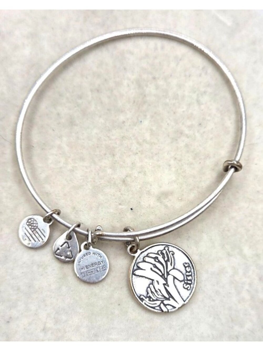 Alex and Ani Silver Tone Sister Charm Bracelet Flower Made in USA